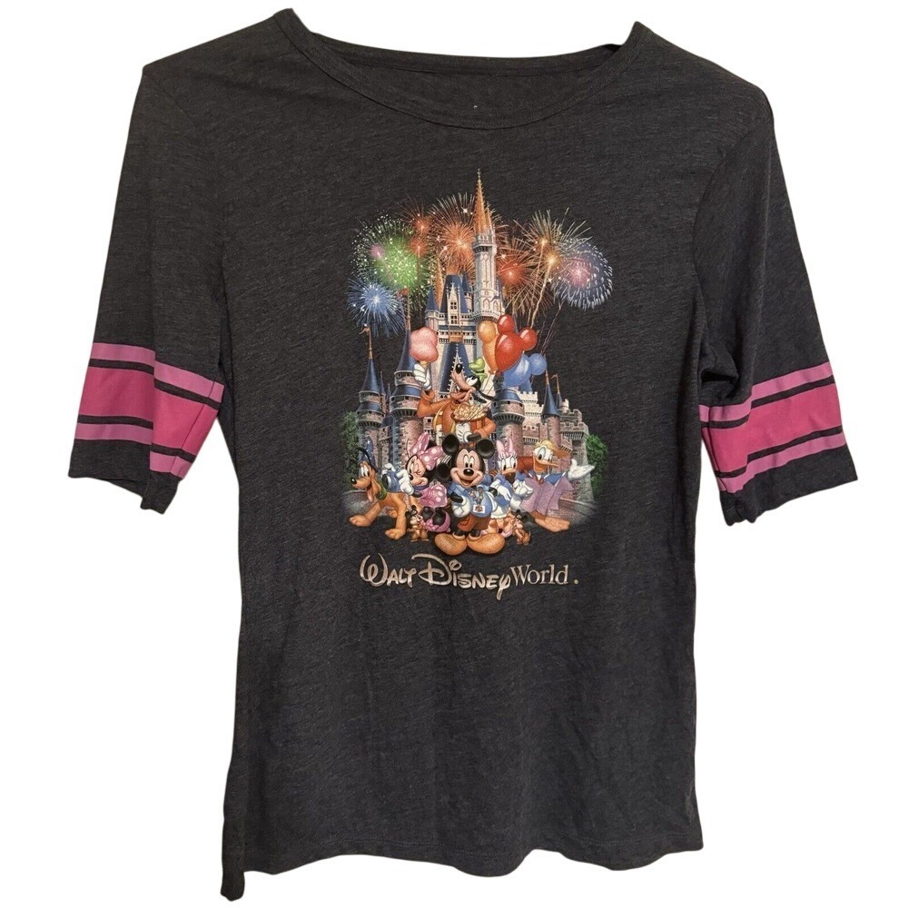Disney Parks Women's T Shirt Large Gray Walt Disney World 3/4 Sleeve Striped